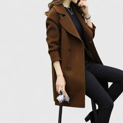 Women's brown long coat with notched lapel and front button closure