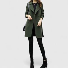 Women's military green coat with notched lapel, front buttons, and flap pockets