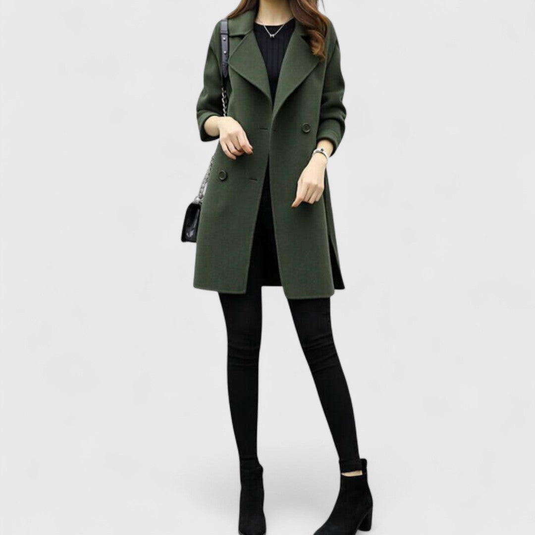 Women's military green coat with notched lapel, front buttons, and flap pockets