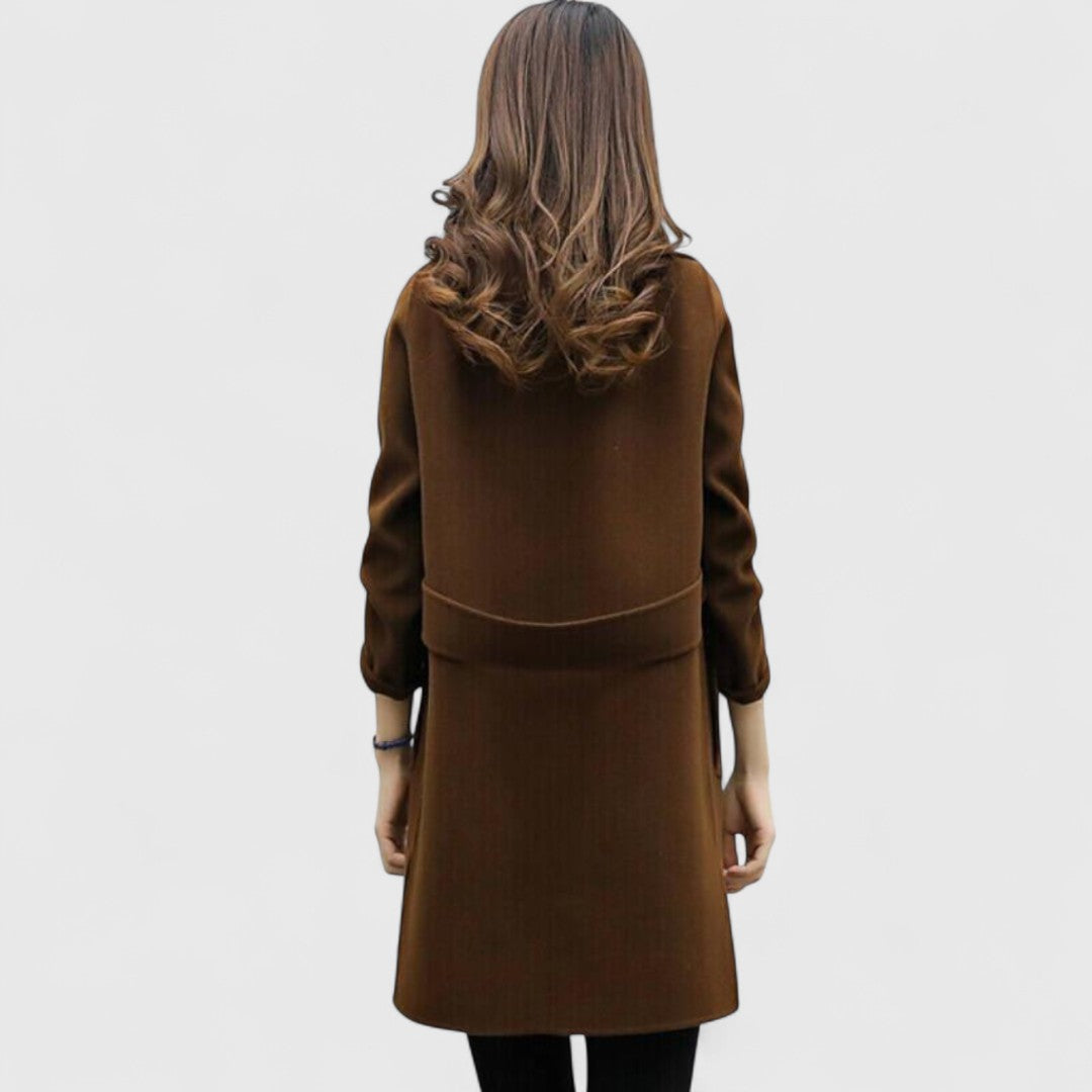 Women's brown back view coat with buttoned cuffs and relaxed fit