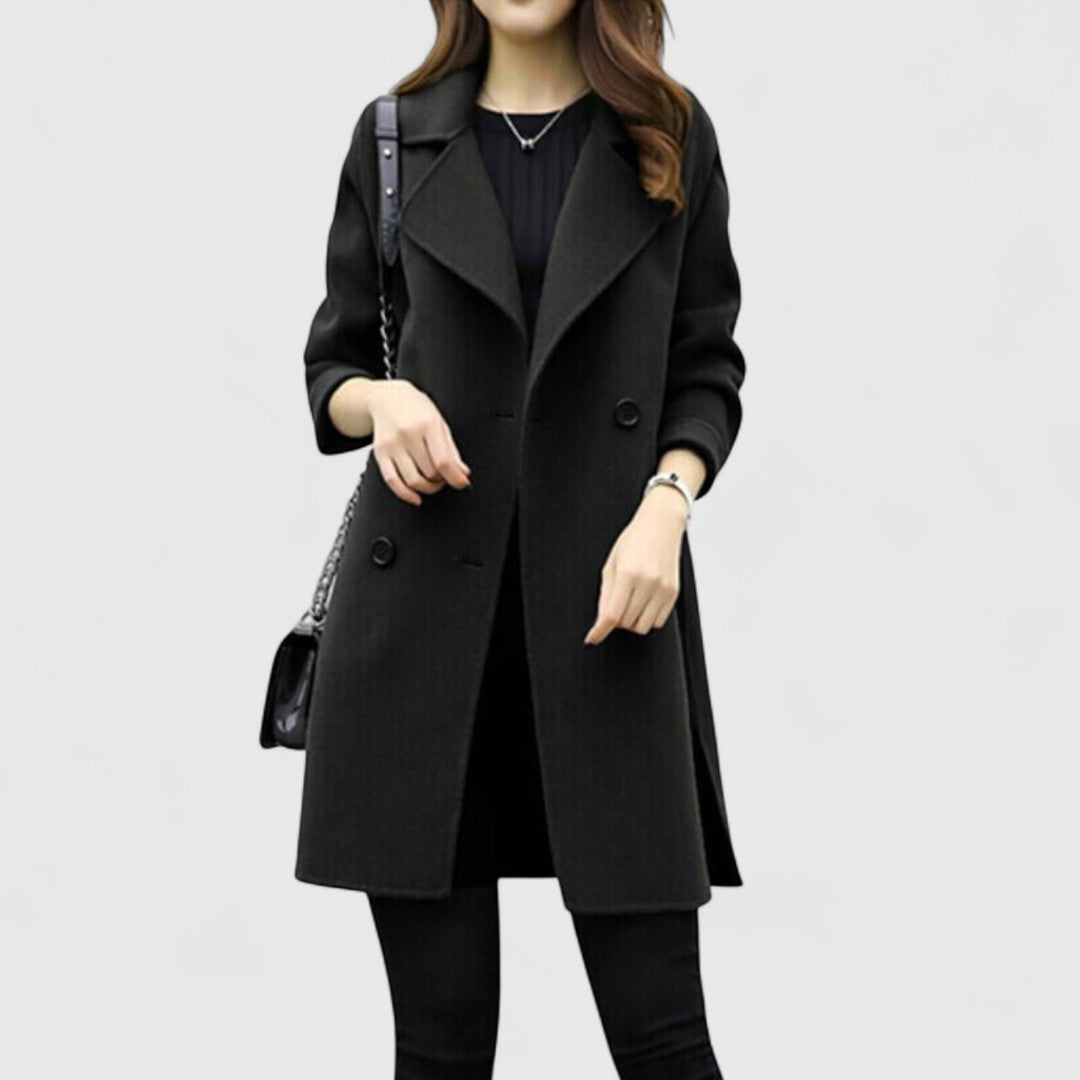 Women's black long coat with notched lapel and front button closure