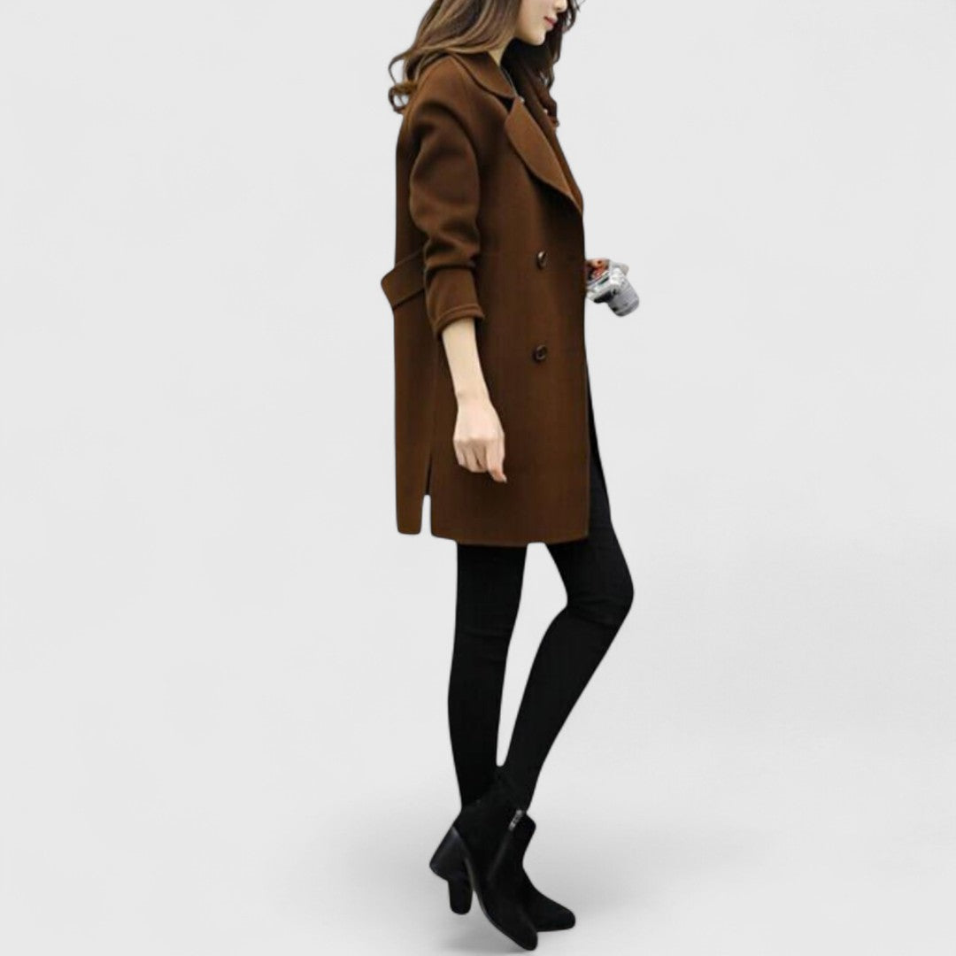 Women's brown knee-length coat with notched lapel and front buttons