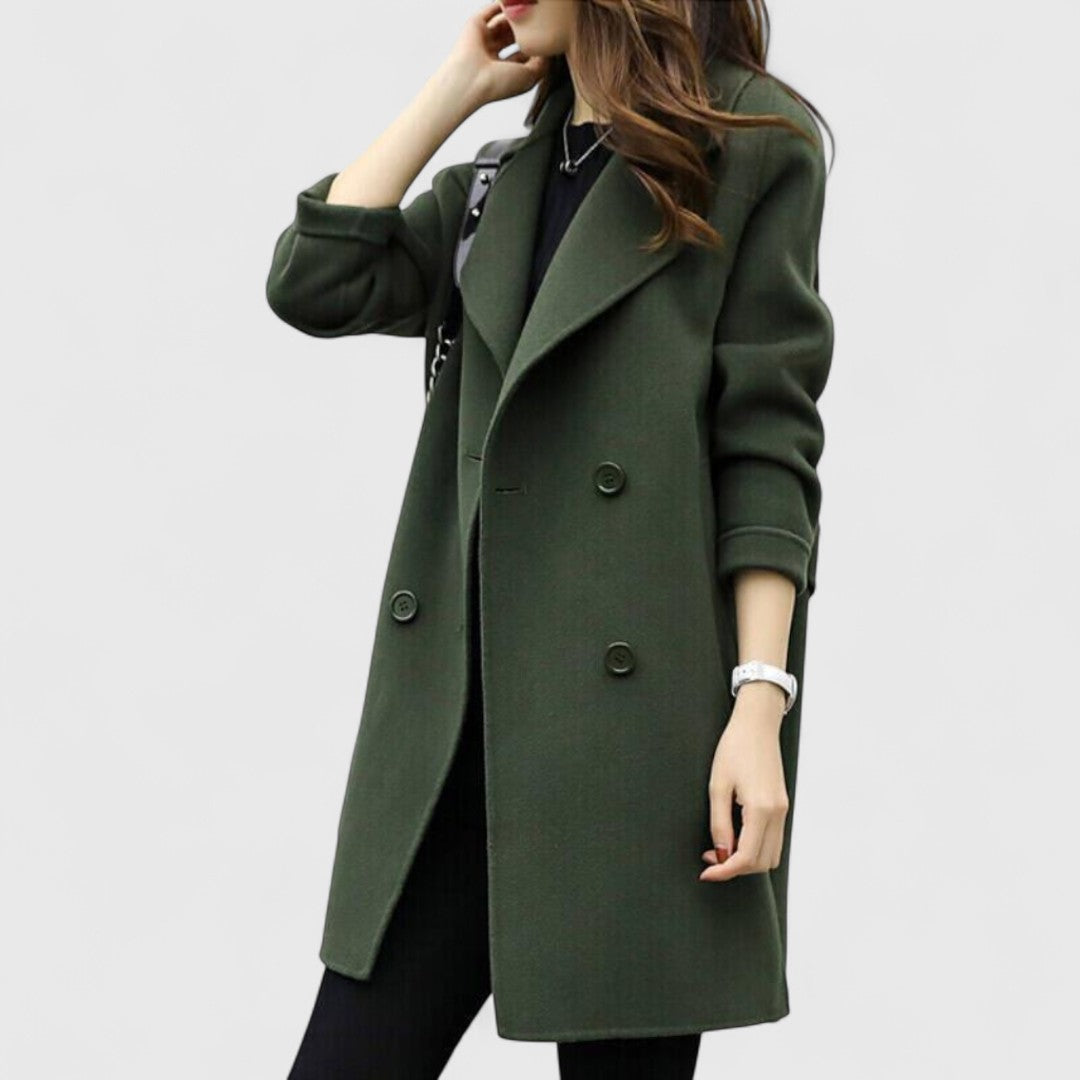 Women's military green knee-length coat with notched lapel and button front