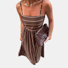 Brown striped thin-strap maxi dress with square neckline and gathered waist skirt