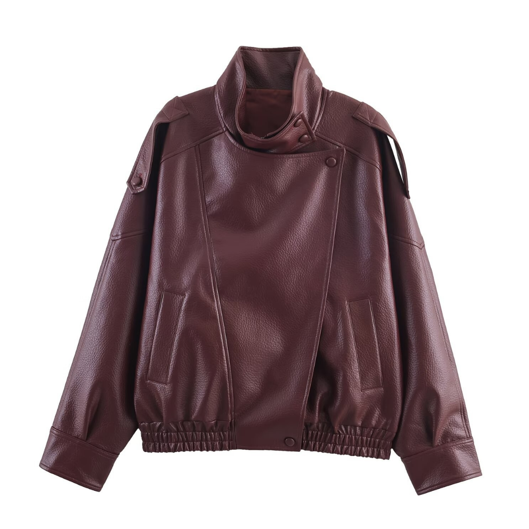 Burgundy faux leather jacket with stand collar, snap front, textured grain, elastic hem