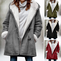 Sherpa-lined warm fall jacket in gray with long sleeves and front pockets