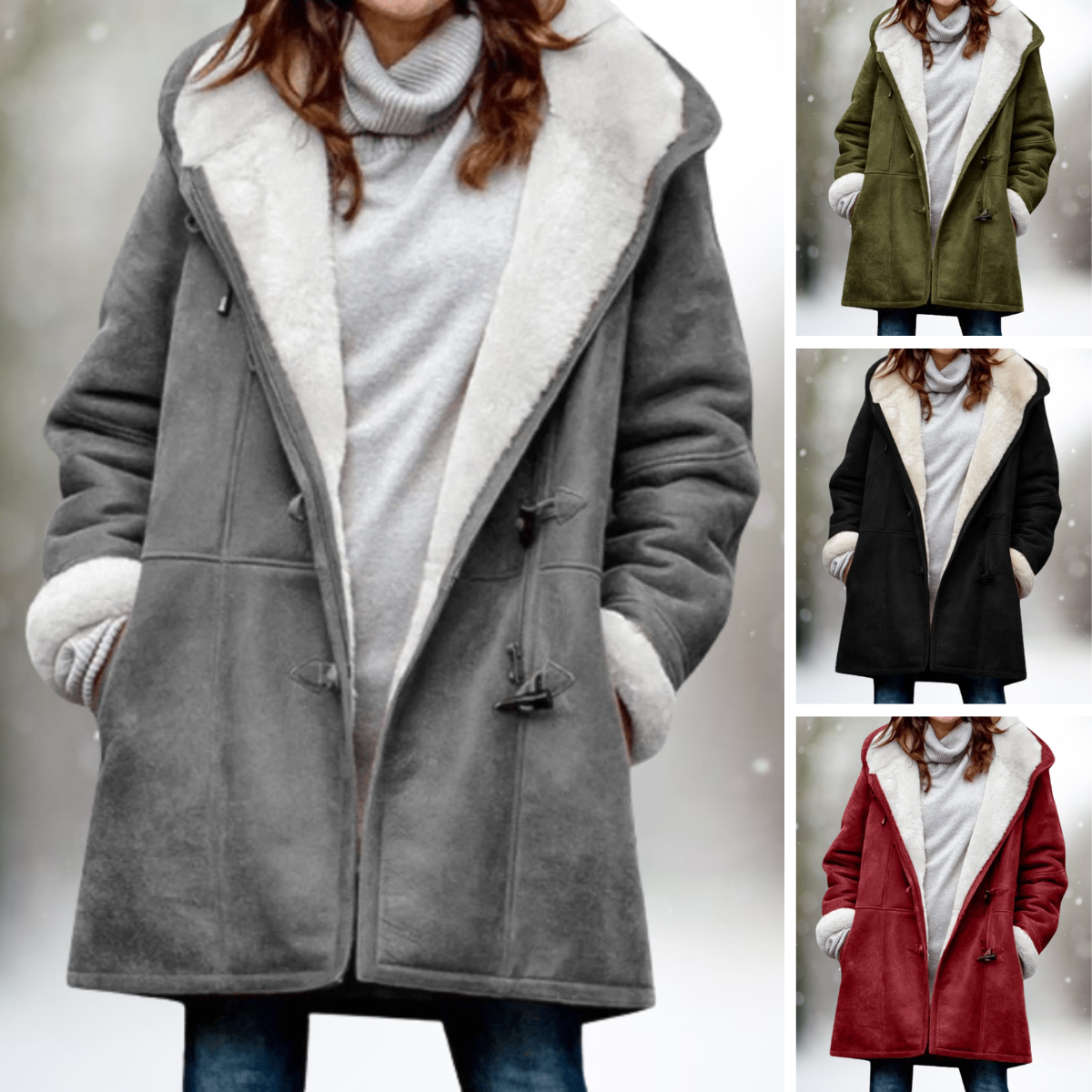 Sherpa-lined warm fall jacket in gray with long sleeves and front pockets