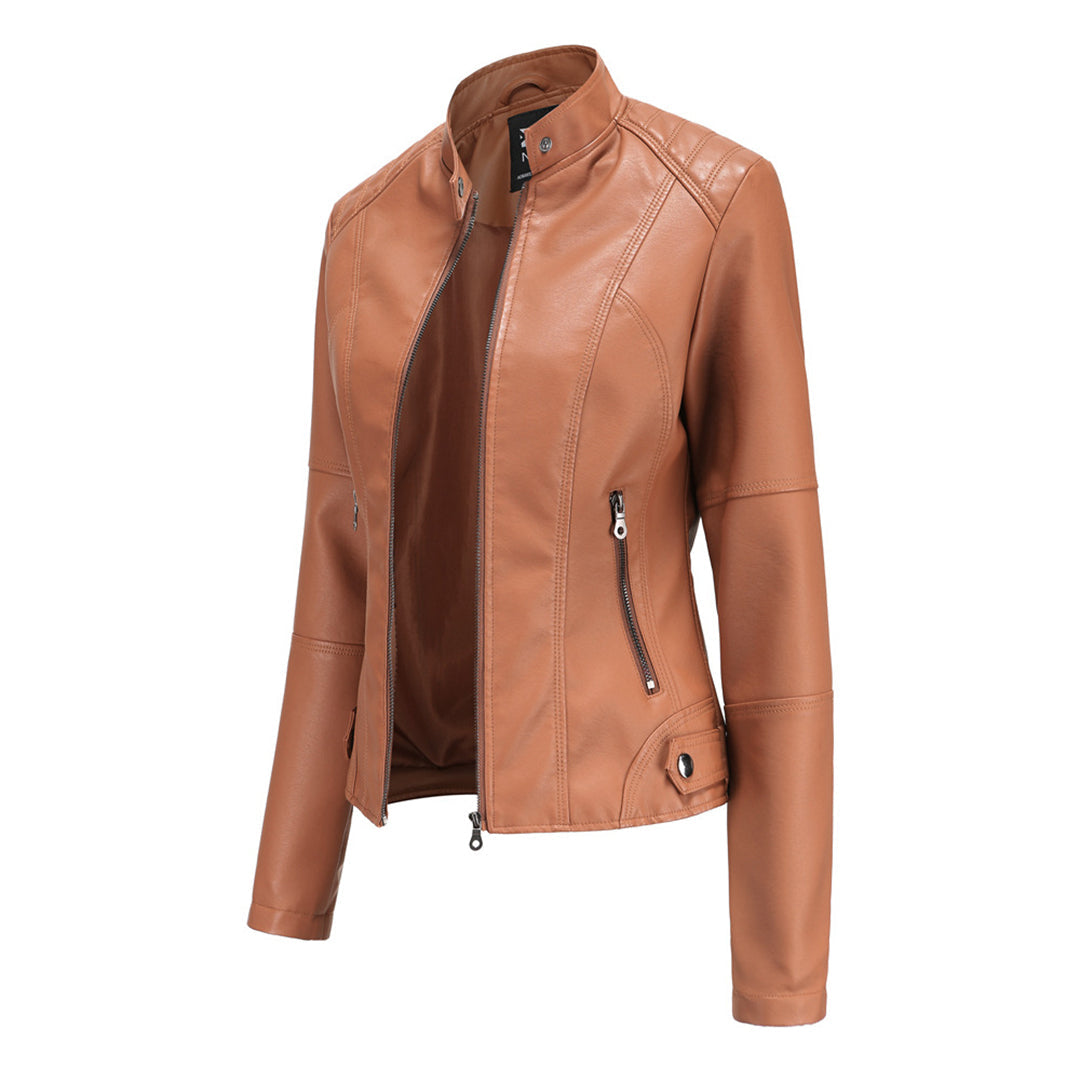 Camel zip-up jacket with stand collar, front zipper, and zip pocket