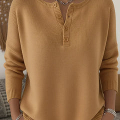 Camel brown henley button-up knit sweater with front button placket