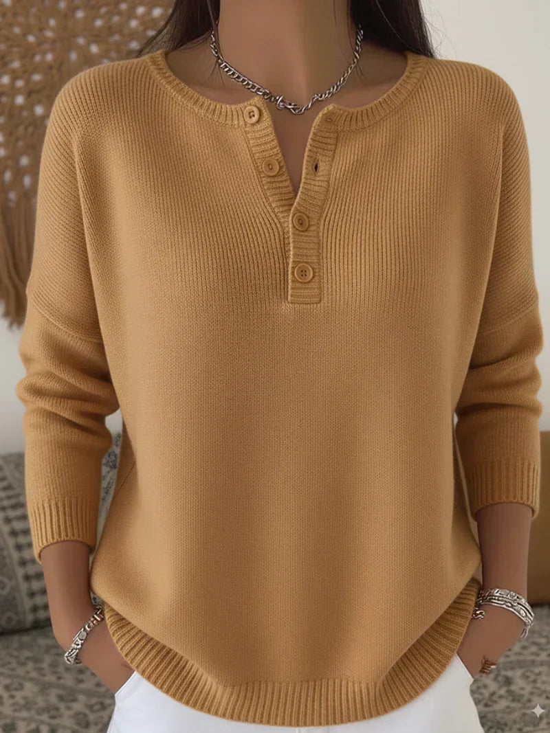 Camel brown henley button-up knit sweater with front button placket