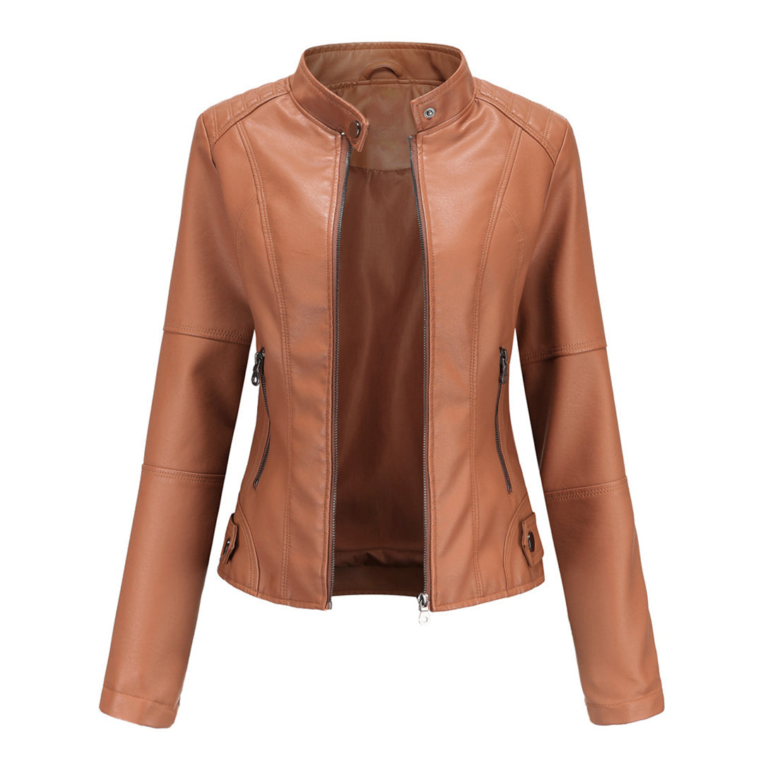 Camel sleek zip-up jacket with stand collar and front zipper