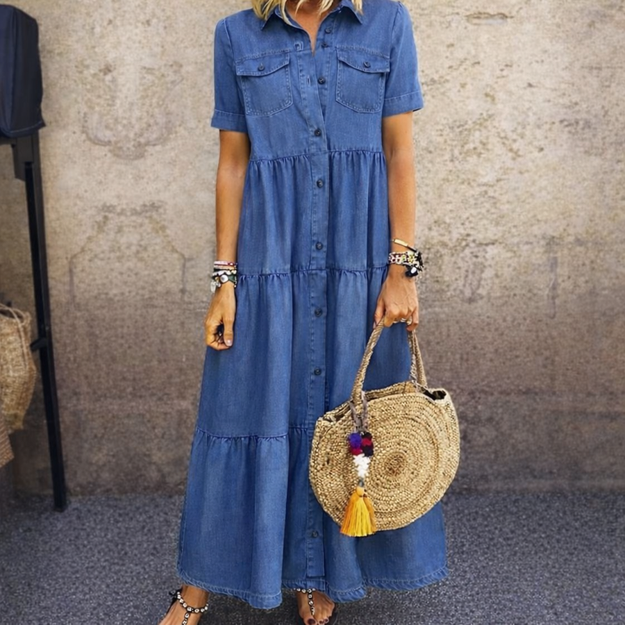 ELIZABETH blue button-front midi dress with tiered ruffles, short sleeves, front pockets