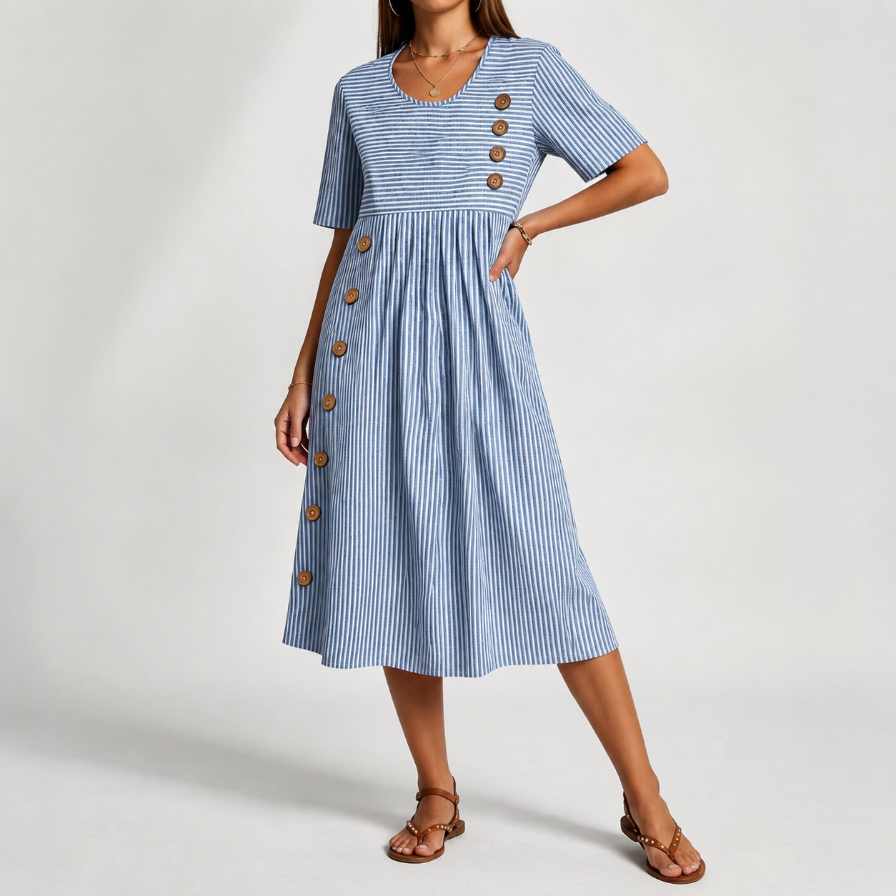 Breathable striped midi dress in blue with front button placket and gathered waist