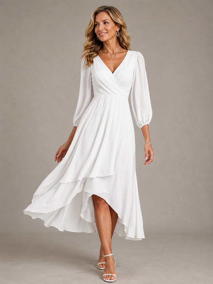 White V-neck maxi dress with layered ruffle hem and 3/4 balloon sleeves