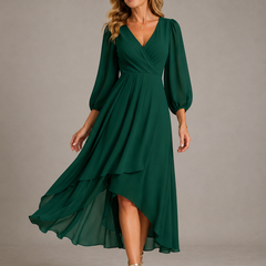 Dark green V-neck long dress with puff sleeves and tiered asymmetrical hem