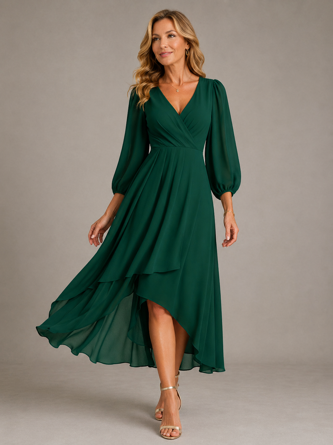 Dark green V-neck long dress with puff sleeves and tiered asymmetrical hem