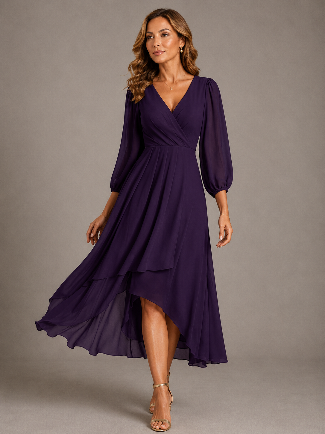 Purple V-neck long dress with puff sleeves and tiered asymmetrical hem