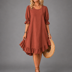 Brown Effortless Comfort Dress with puff sleeves and ruffled tiered hem