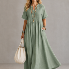 Nathalia™ pleated maxi dress, short-sleeve V-neck in sage green