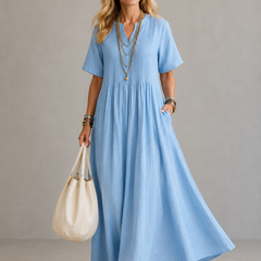 Nathalia™ pleated maxi dress, short-sleeve V-neck in light blue