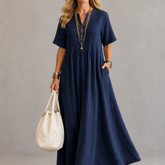 Nathalia™ pleated maxi dress, short-sleeve V-neck in navy blue