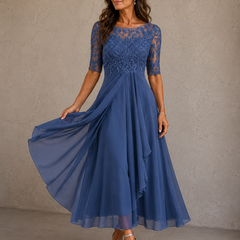 Abito elegante in pizzo e chiffon blu, maniche 3/4, gonna ampia