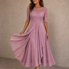 Abito elegante rosa in pizzo e chiffon, scollo rotondo, gonna ampia svolazzante