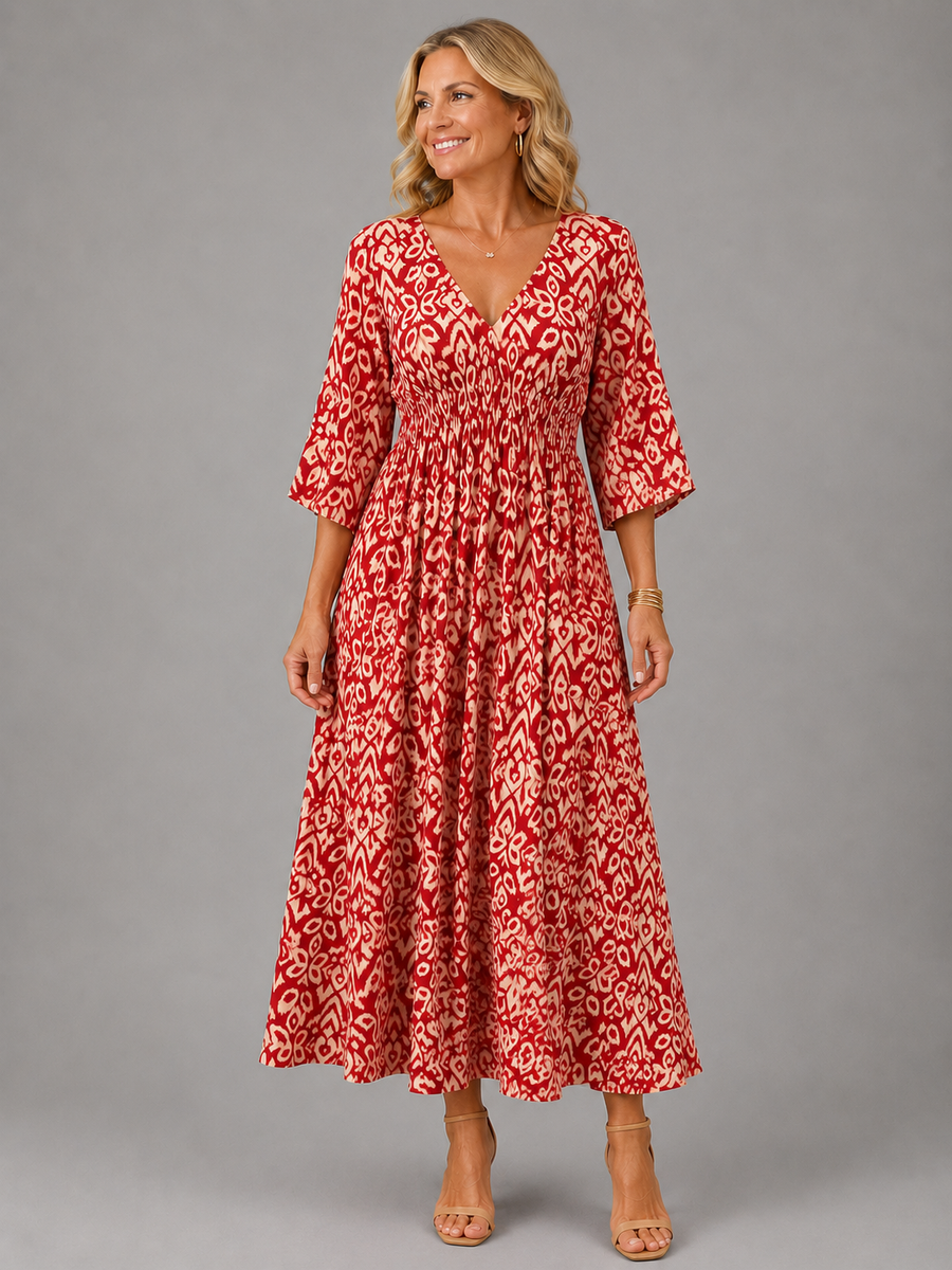 Red bohemian midi dress with ikat-style pattern, V-neck and 3/4 sleeves