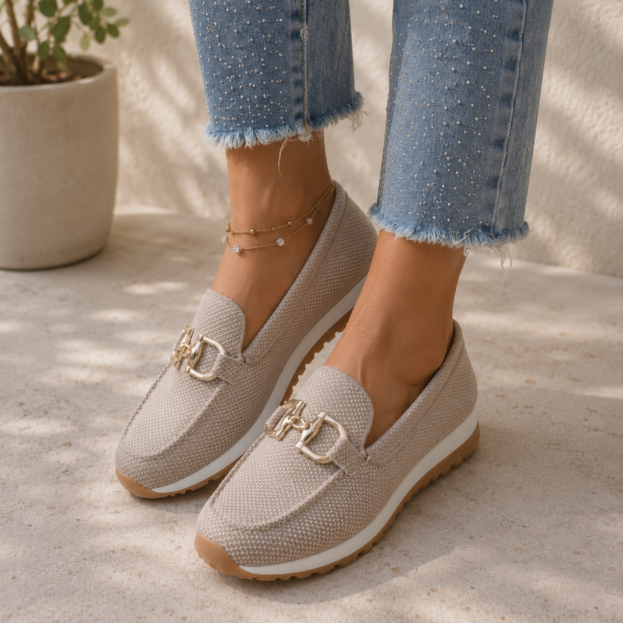 Beige mesh loafer with gold buckle-bit detail and cushioned comfort sole
