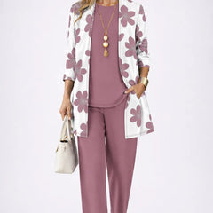 Three-piece trouser set with floral blazer, maroon top, and matching maroon pants