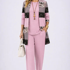 Mauve three-piece trouser set with patchwork jacket and matching top and trousers