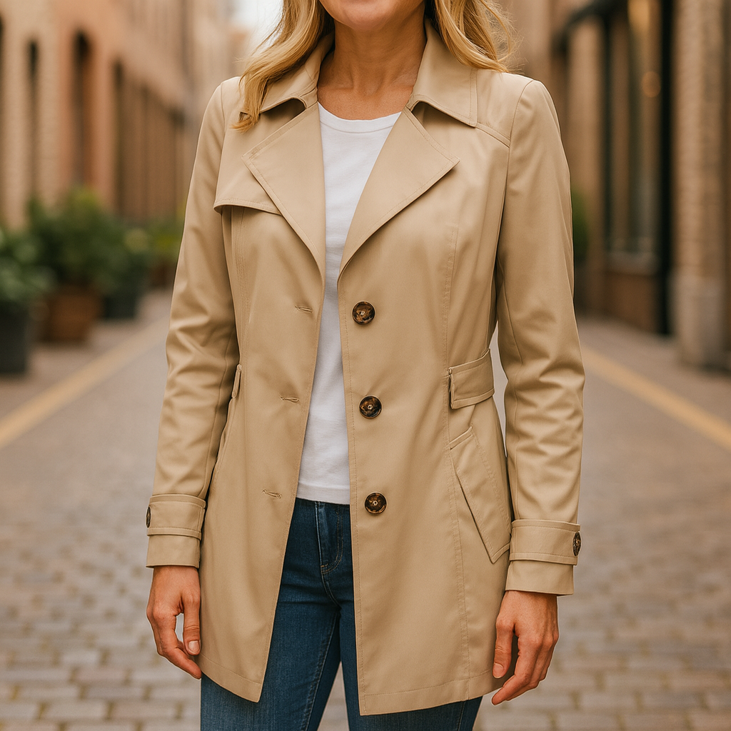 Beige trench coat with notched lapels, double-breasted buttons, and cuff strap tabs
