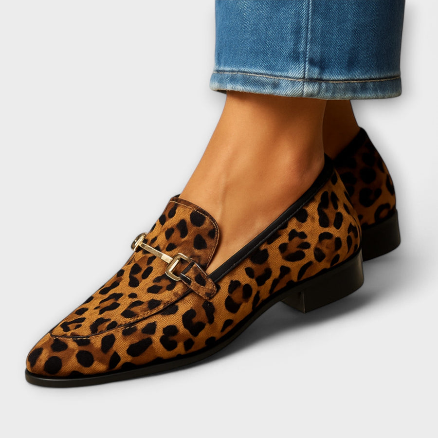 Leopard-print suede loafer with buckle strap and block heel