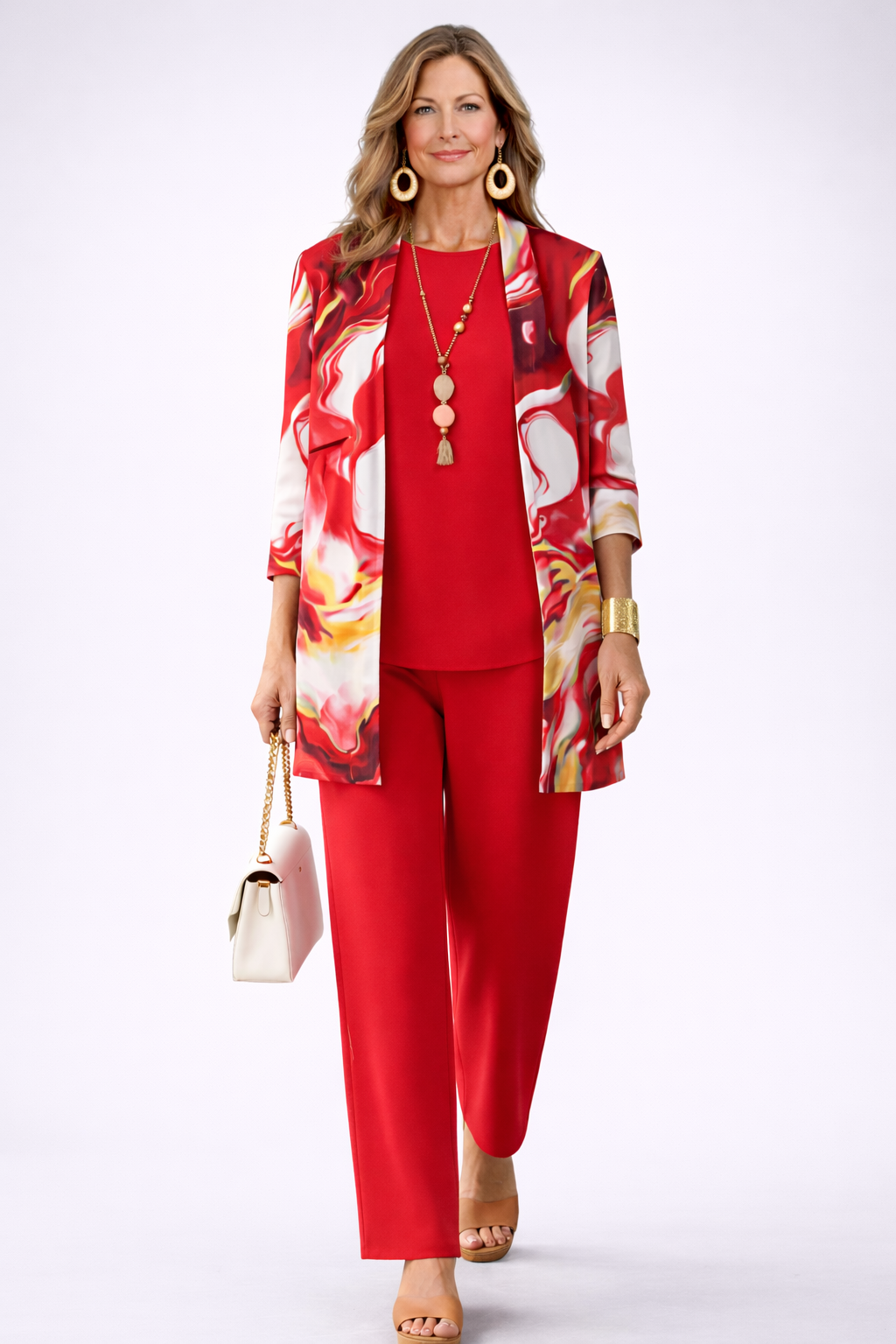 Three-piece trouser set: red trousers, red patterned tunic top and open jacket