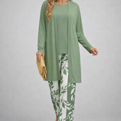 Light green three-piece trouser set with long cardigan and leaf-print trousers