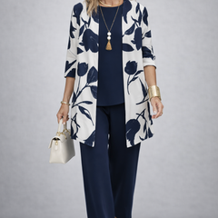 ANNETTE elegant three-piece trouser set: navy trousers and floral white jacket, navy top