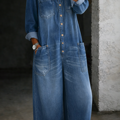 Blue off-shoulder denim long-sleeve overall with front button placket and chest pockets