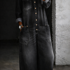 Black off-shoulder denim long-sleeve overall with front buttons and utility chest pocket
