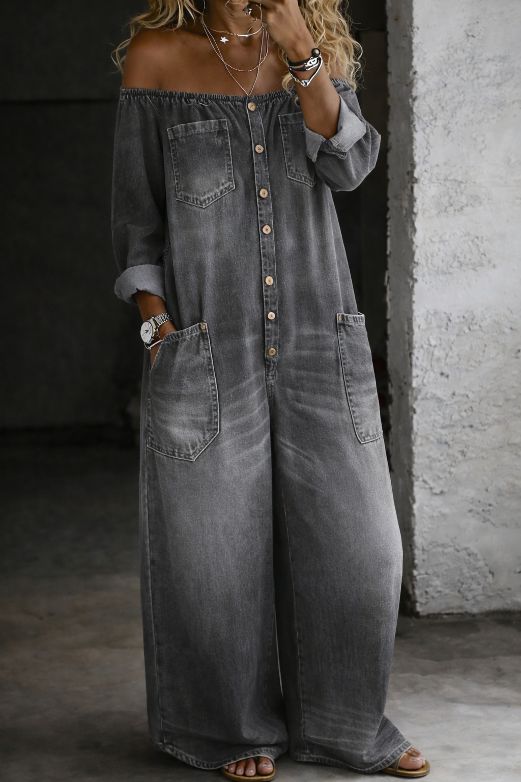 Grey off-shoulder denim long-sleeve overall with front buttons and side cargo pockets