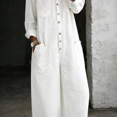 White off-shoulder denim long-sleeve overall with button front and chest patch pocket