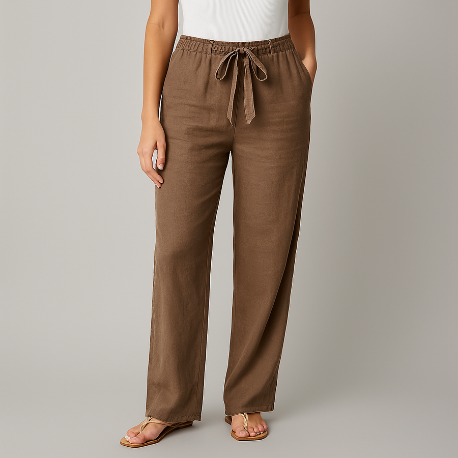 Coffee brown linen-look wide-leg trousers with tie belt and elastic waist