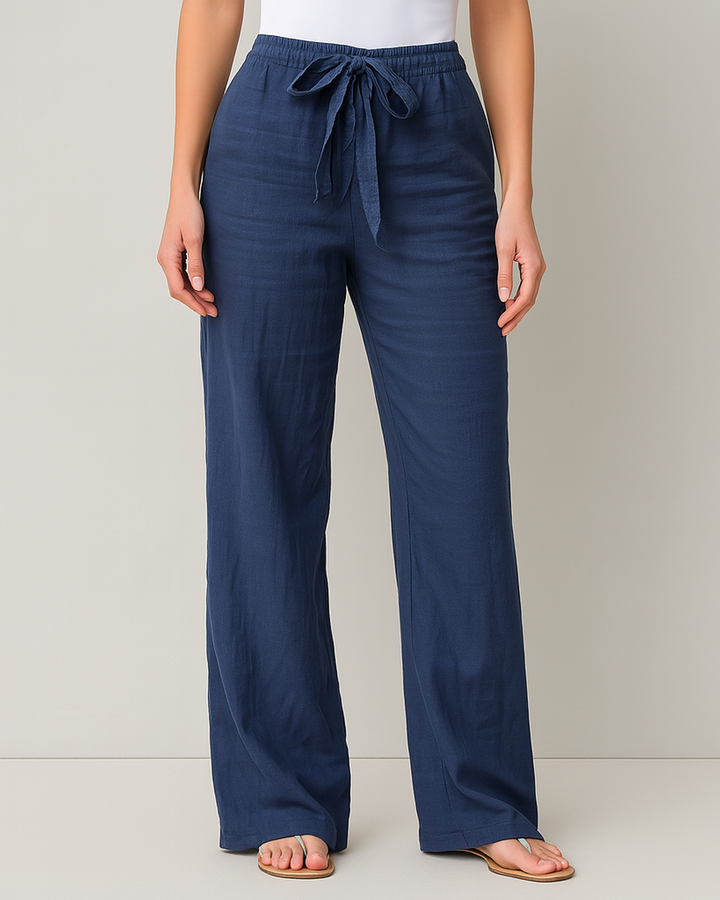 Navy blue linen-look wide-leg trousers with tie belt and elastic waist