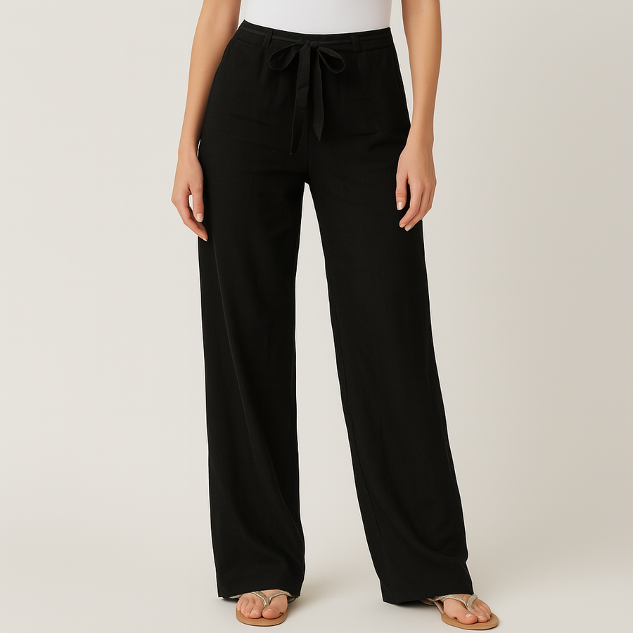 Black linen-look wide-leg trousers with tie belt and elastic waist