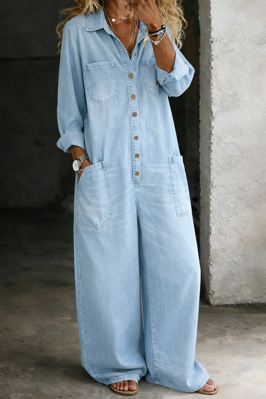 Light blue denim overall with button-front, chest pockets, and long sleeves