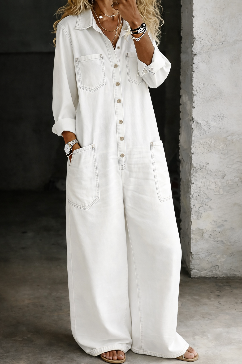 White denim overall with button-front, chest pockets, and wide-leg silhouette
