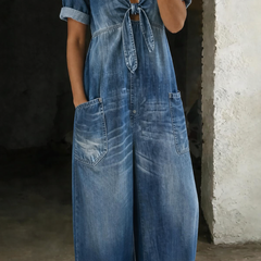 Blue denim V-neck short-sleeve overall with tie front and two front pockets