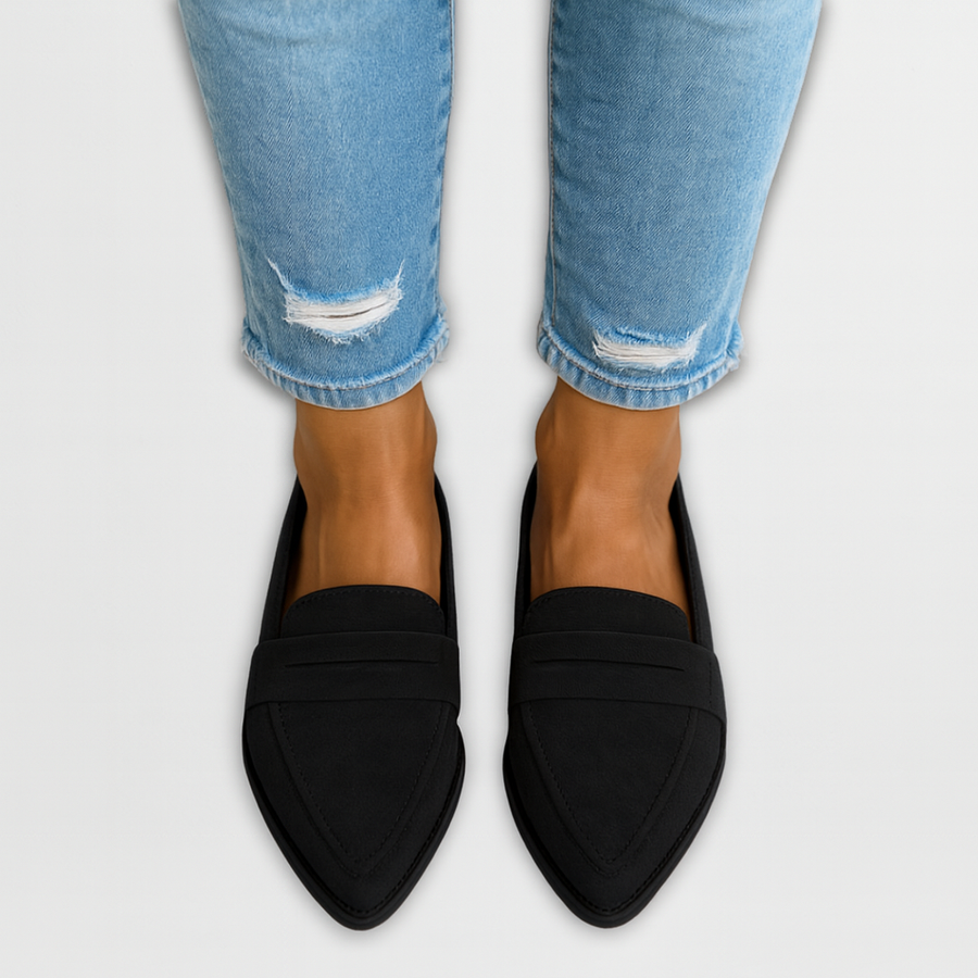 Black suede loafer with low heel and comfort vamp strap detail