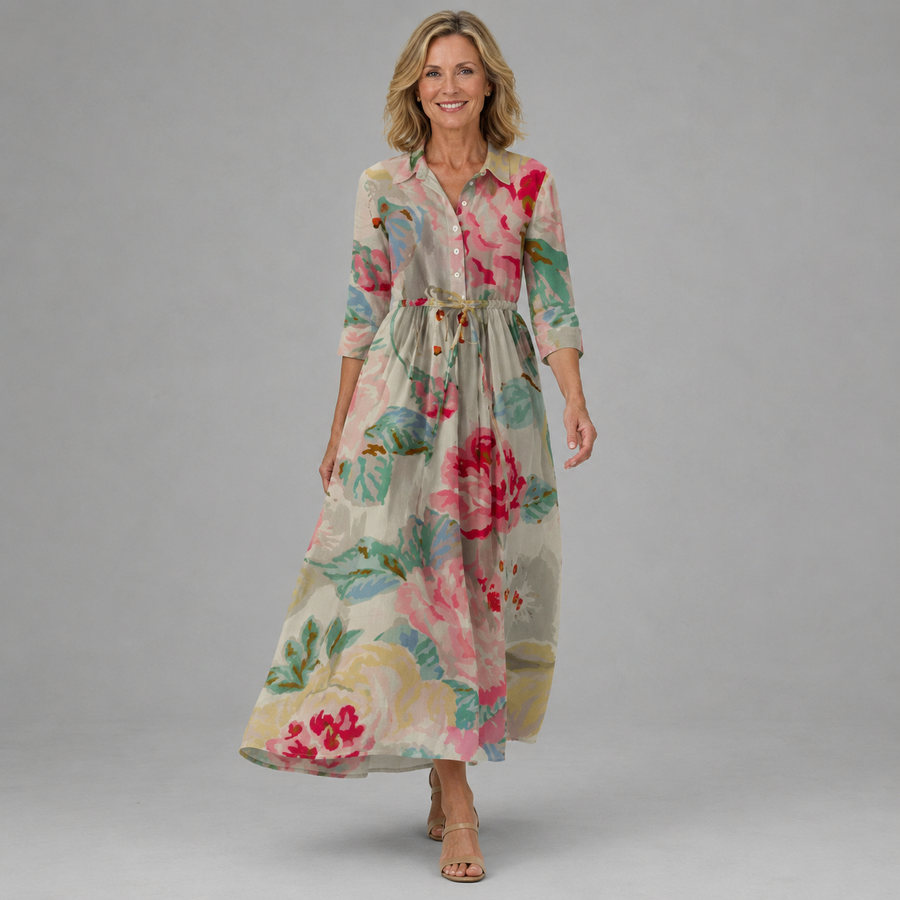 Multi floral maxi dress with V-neck button front, 3/4 sleeves and gathered waist