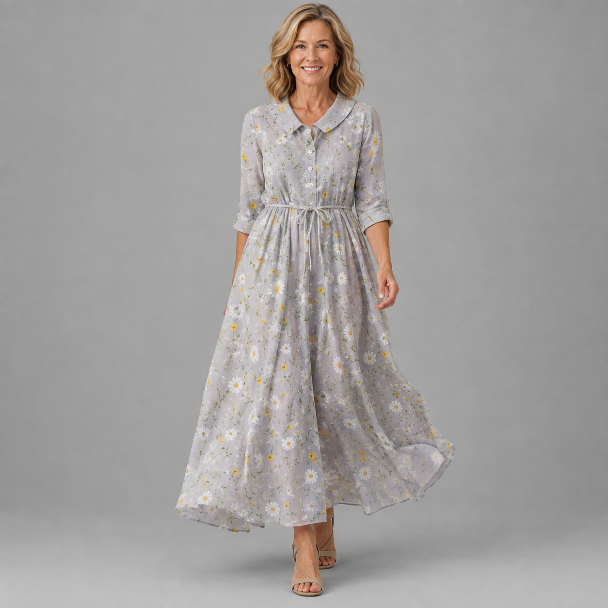 Light gray daisy print midi dress with button-up collar and gathered waist, 3/4 sleeves