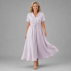 Light purple short-sleeve classic dress with button front and gathered waist